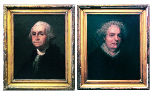 Early 19th Century Paintings of George & Martha Washington -- Modeled After Portraits by Gilbert Stuart, in Original Matching Frames