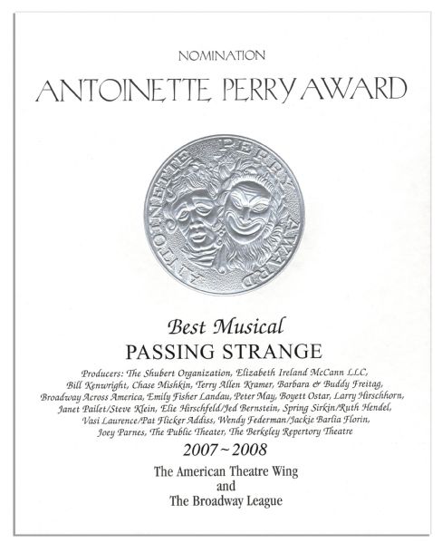 Tony Award Nomination Certificate For ''Passing Strange'' -- Nominated For Best Musical of 2007-2008 -- Fine
