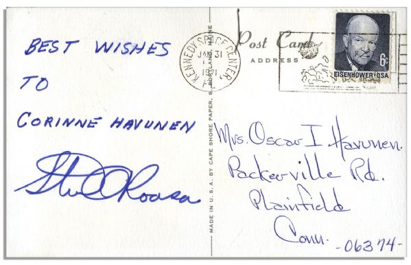 Apollo 14 Astronaut Stuart Roosa Signed Postcard -- Postmarked 31 January 1971 -- The Day the Apollo 14 Mission Launched