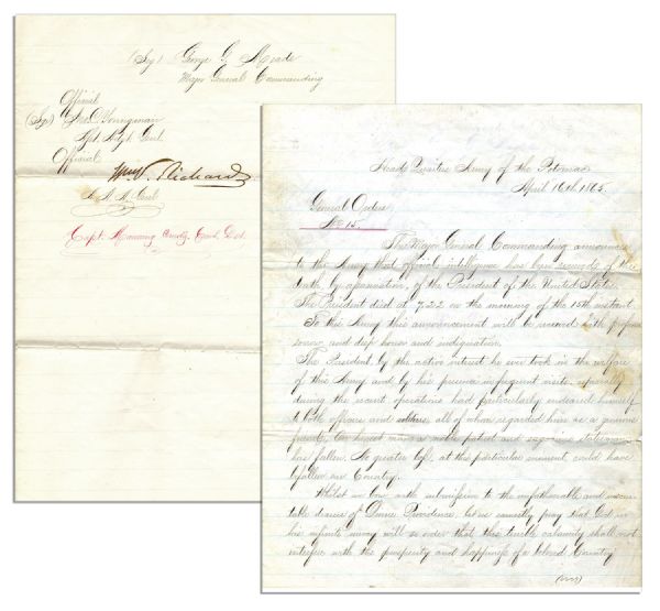 Important Civil War Document by General Meade Announcing Lincoln's Death to Army -- ''...with...deep horror and indignation...intelligence has been received of the death...of the President...''