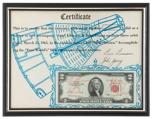 Gemini 3 Space-Flown $2 Bill Signed by Gus Grissom & John Young -- Mounted to a COA Also Signed by Grissom & Young
