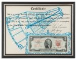 Gemini 3 Space-Flown $2 Bill Signed by Gus Grissom & John Young -- Mounted to a COA Also Signed by Grissom & Young