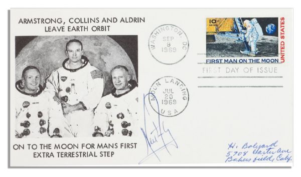Neil Armstrong Signed Cover Featuring an Apollo 11 Crew Photo -- Cancelled in 1969