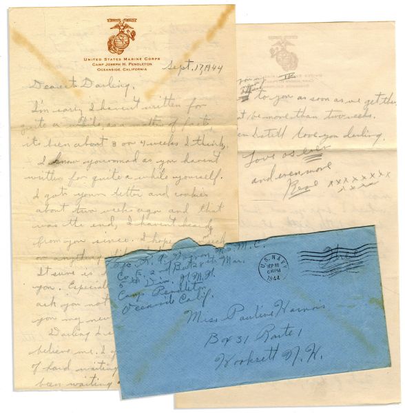 Lot of 42 Rene Gagnon Autograph Letters Signed & V-Mails While Fighting in the South Pacific -- ''...we were in action on Iwo Jima, you've probably read about it in the papers, as it was a pretty...