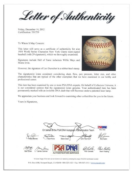 World Series Champion 1954 New York Giants Team Signed Baseball -- Willie Mays & 28 More -- With PSA/DNA COA