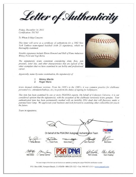 1962 New York Yankees Signed Baseball -- With Signatures of 21 Other 1962 New York Yankees -- Roger Maris, Ralph Terry, Bill Stafford, Roland Sheldon, Jim Bouton, Bob Turley & More -- With PSA/DNA COA