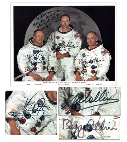 Apollo 11 Crew Signed Photo -- Neil Armstrong, Michael Collins, Buzz Aldrin.  From Gus Grissom Family Collection.