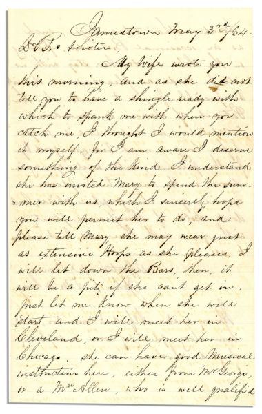 Civil War Civilian Letter -- ''...have a shingle ready with which to spank me when you catch me...I am aware I deserve something of the kind...'' -- 1864