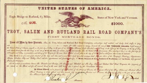 1865 Railroad Bond Signed by Jay Gould