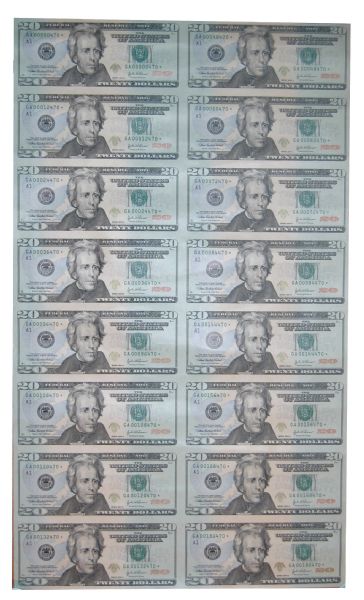Uncut Sheet of 16 $20 Federal Reserve Star Notes -- Series 2004-A, New York -- Near Fine