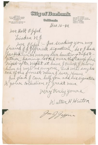 Legendary Boxer Jim Jeffries Signature -- With Letter From His Hunting Buddy