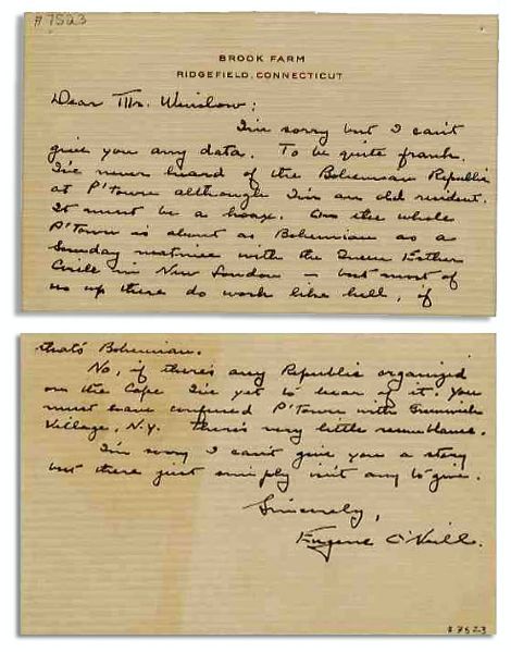 Humorous Eugene O'Neill Autograph Letter Signed About Provincetown, Massachusetts -- ''On the whole P'Town is almost as Bohemian as a Sunday matinee with the Queen Esther...''''P'Town is almost as...