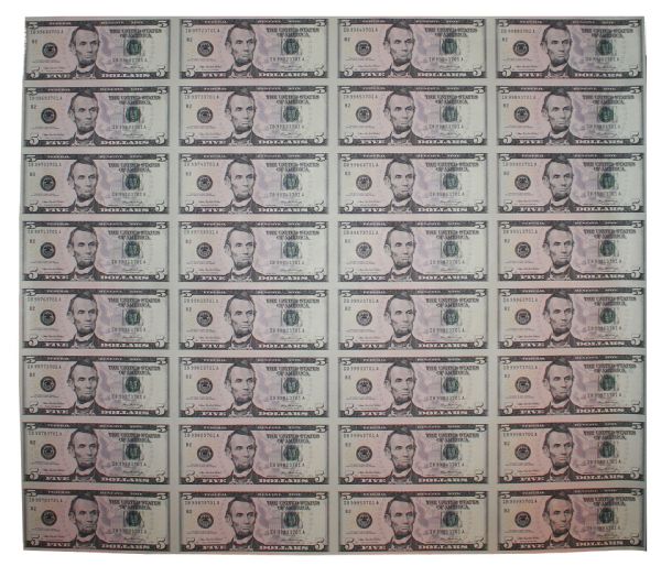 Uncut Sheet of 32 $5 Federal Reserve Notes -- Series 2006, New York -- Near Fine