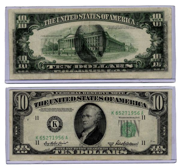 $10 Federal Reserve Error Note -- Series 1950, Dallas -- Major Face to Back Printing Error