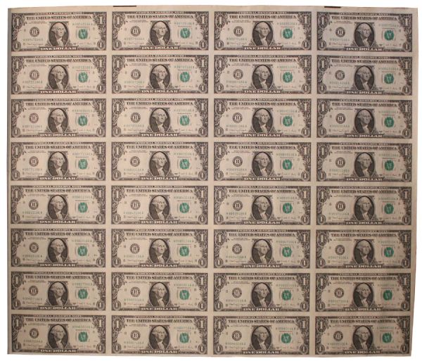 Uncut Sheet of 32 $1 Federal Reserve Notes -- Series 1988-A, St. Louis -- Near Fine