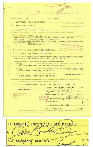 Sex Pistols Contract Signed by Infamous Bassist Sid Vicious -- Extremely Rare
