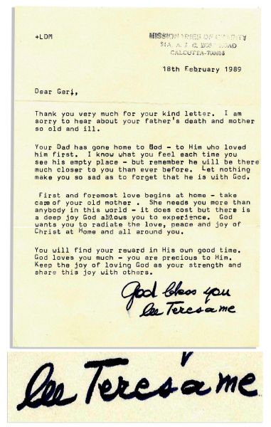 Mother Teresa Typed Letter Signed -- ''Keep the Joy of Loving God as Your Strength and Share This Joy...''