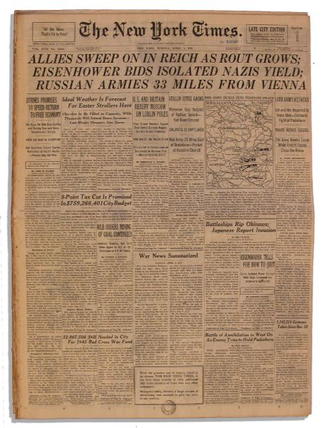 ''The New York Times'' From 1 April 1945 -- ''Allies Sweep On In Reich As Rout Grows''