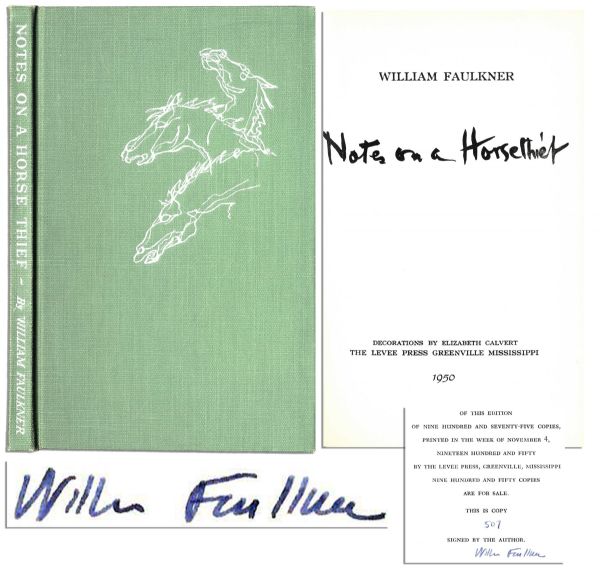 William Faulkner Signed ''Notes on a Horse Thief'' -- Rare First Edition of Only 950 Copies Signed by Faulkner