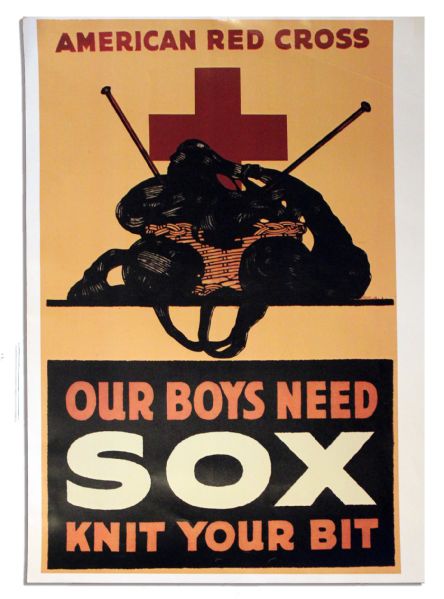 Vintage Red Cross Poster -- ''Our Boys Need SOX / Knit Your Bit'' 