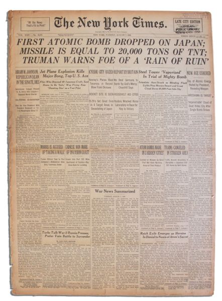''New York Times'' Announces First Atomic Bomb Drop -- ''Missile is Equal to 20,000 Tons of TNT; Truman Warns Foe of a 'Rain of Ruin'''