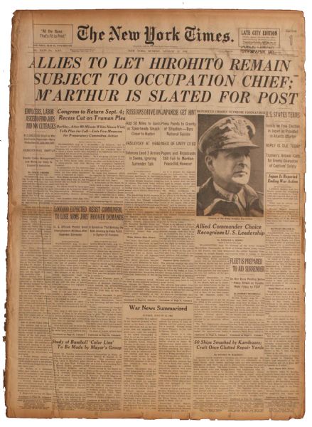 WWII Draws Closer to an End With the Revealing of Terms in 12 August 1945 ''New York Times'' Newspaper -- ''Allies To Let Hirohito Remain...''
