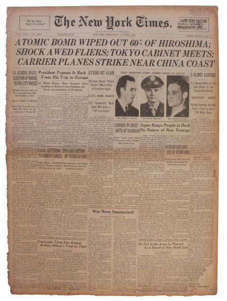 WWII Atom Bomb Dropped On Hiroshima -- 8 August 1945 Edition of ''The New York Times'' -- ''...At Hiroshima we unleashed nature itself...and cannot...comprehend the result...''