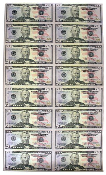 Uncut Sheet of 16 $50 Federal Reserve Notes -- Series 2006 -- Near Fine
