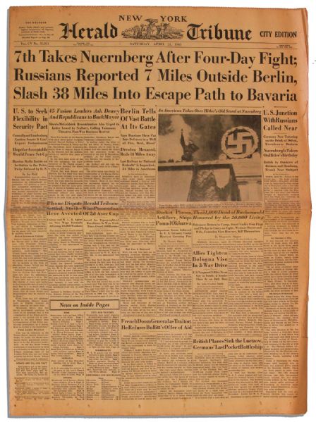WWII Newspaper -- 21 April 1945 -- ''New York Herald Tribune'' Reports Nuremberg's Fall