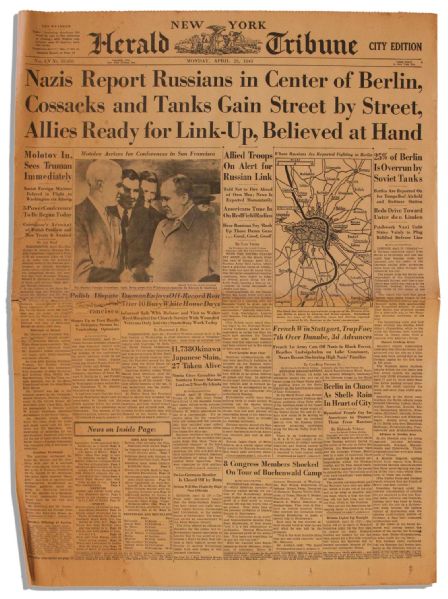 WWII Newspaper -- 23 April 1945 -- ''New York Herald Tribune'' Announces Russian Forces Have Reached Heart of Berlin