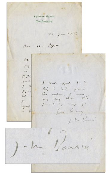 J.M. Barrie Autograph Letter Signed About His Famous Boy-Protagonist -- ''...I didn't see any German papers about Peter Pan but would like to. Do as you think best with...'Peter'...''