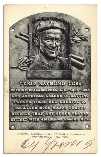Rare Postcard Featuring Ty Cobb's Hall of Fame Plaque Signed by Cy Young -- With PSA/DNA COA