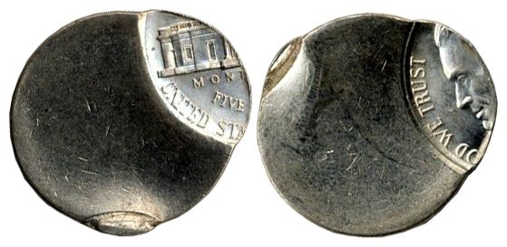 Error Coin Unique Double Strike Nickel -- Unknown Year -- Slight Bowing in the Planchet Near the Small Strike -- Near Fine