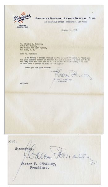 Dodgers Owner Walter O'Malley Typed 1957 Letter Signed on Brooklyn Stationery Just Months Before Move To Los Angeles -- ''...chance to meet in Los Angeles...'' -- With JSA COA