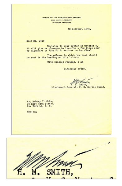 WWII Iwo Jima General Holland ''Howlin' Mad'' Smith Typed Letter Signed -- 1945