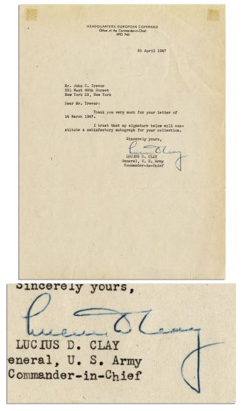 General Lucius D. Clay Typed Letter Signed as Commander in Chief, U.S. Forces in Europe -- 1947