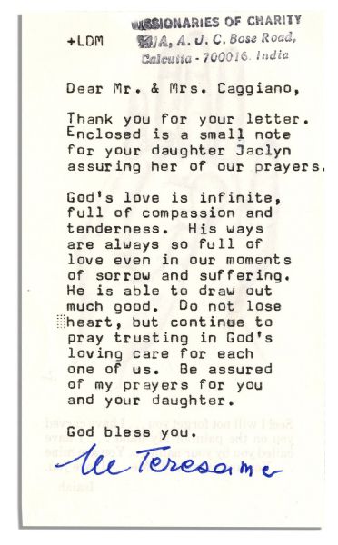 Mother Teresa Typed Letter Signed -- ''...Do not lose heart, but continue to pray...''