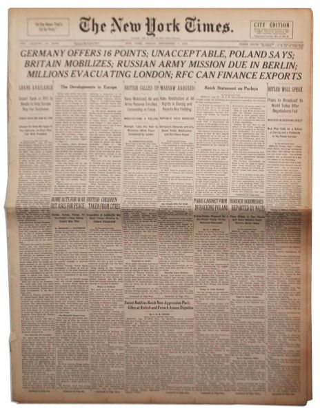 ''The New York Times'' From 1 September 1939 -- ''Millions Evacuating London'' -- First Day of World War II!