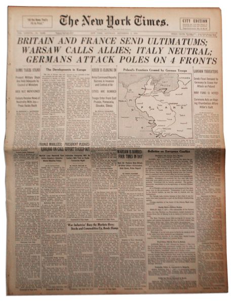 ''The New York Times'' From 2 September 1939 -- ''Germans Attack Poles on 4 Fronts'' -- First Reporting on WWII With Photographs