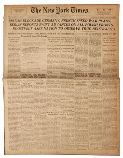 4 September 1939 of ''The New York Times'' -- ''Roosevelt Asks Nation to Observe True Neutrality'' -- The Day After Britain and France's Declaration of War & Famous Speech by King George VI