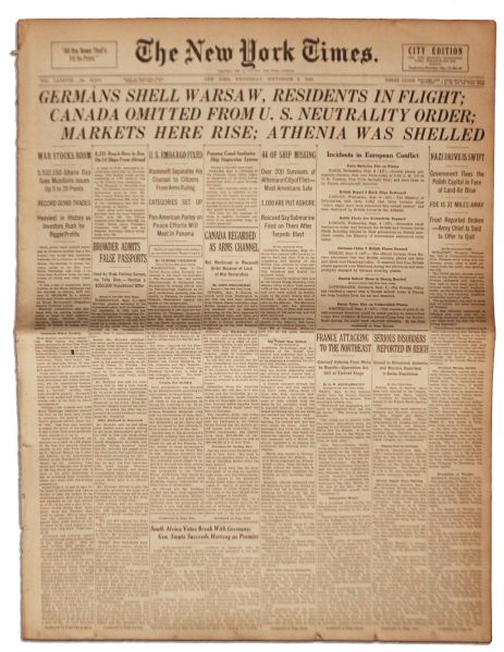 ''The New York Times'' From 6 September 1939 -- ''Germans Shell Warsaw'' & ''War Stocks Boom''