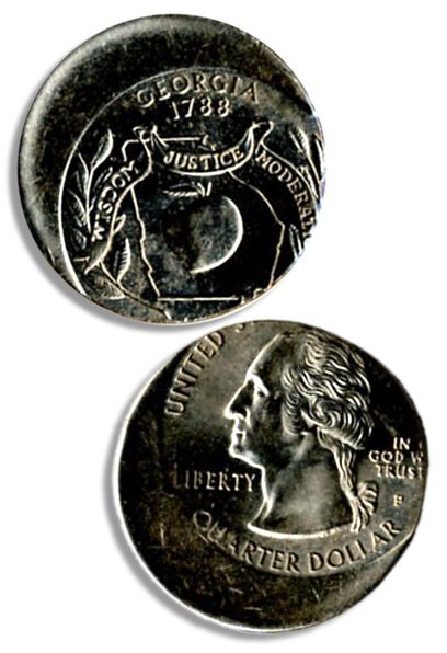 Georgia Quarter Error Coin -- Series 1999-P -- Struck 20% off Center -- Fine