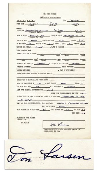 Don Larsen Signed New York Yankees Player Questionnaire the Year he Pitched the Perfect Game -- 1956 