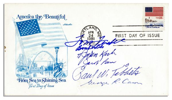 Enola Gay Crew Members Signed Cover -- Paul Tibbets, Dutch Van Kirk, Tom Ferebee, Jacob Beser & Dick Nelson -- ''From Sea to Shining Sea'' FDC Postmarked 1981 --   Very Good