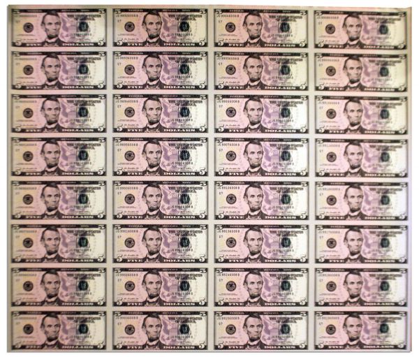 Uncut Sheet of 32 $5 Federal Reserve Notes -- Series 2009 -- Near Fine