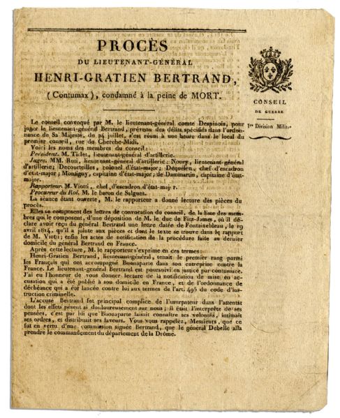 Published Death Sentence for Henri Bertrand -- ''...Bertrand was the first among the French who accompanied Bonaparte in his enterprise against France...''