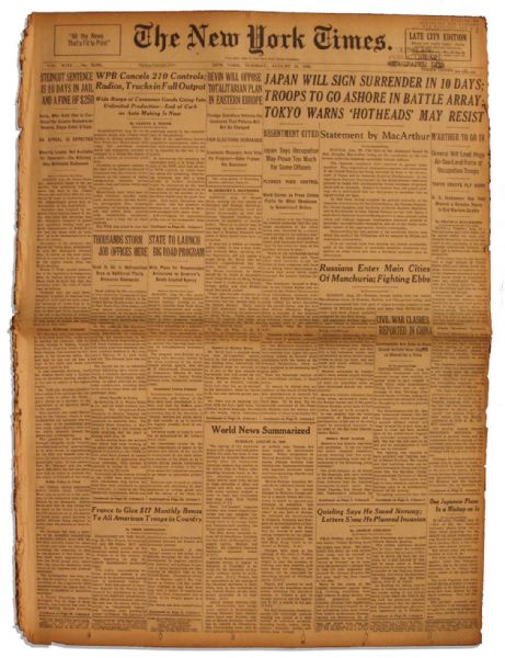 21 August 1945 ''New York Times'' -- ''Japan Will Sign Surrender in 10 Days''