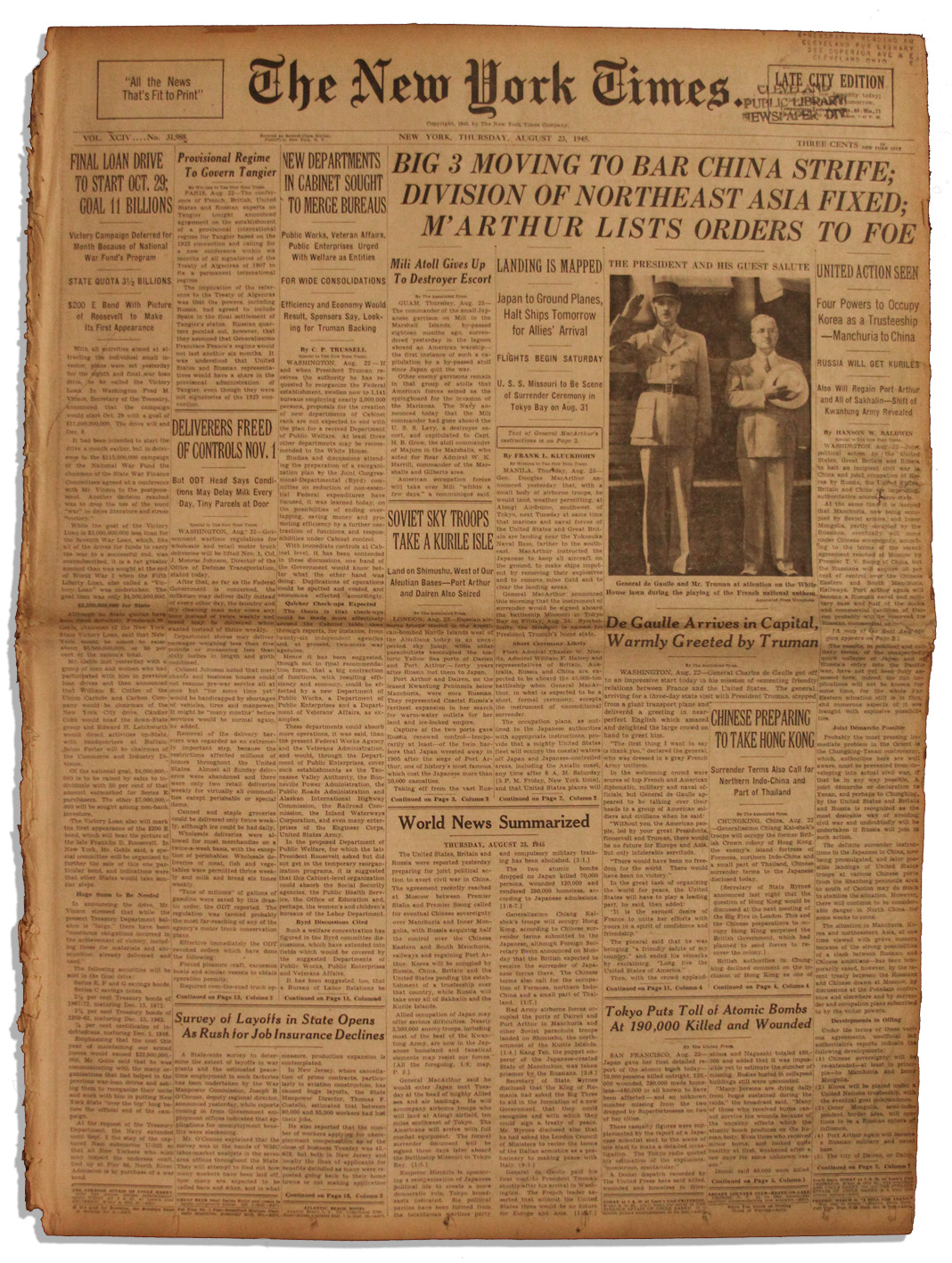 Lot Detail - 23 August 1945 ''New York Times'' -- Japanese Surrender ...