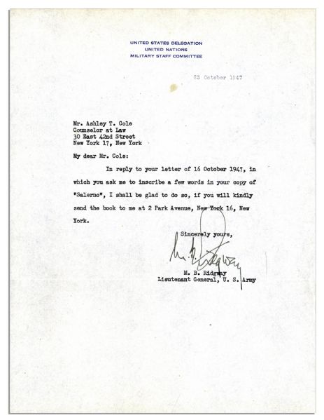 General Matthew Ridgway Typed Letter Signed -- 23 October 1947 -- ''M.B. Ridgway'' -- U.N. Military Staff Letterhead -- Very Good