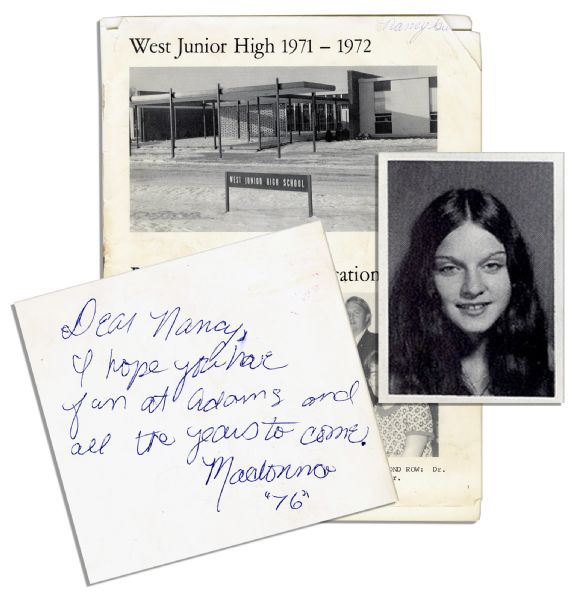 Madonna's 1972 Junior High Yearbook With Period Inscription by Her -- ''Dear Nancy, I hope you have fun at Adams and all the years to come. Madonna '76'''